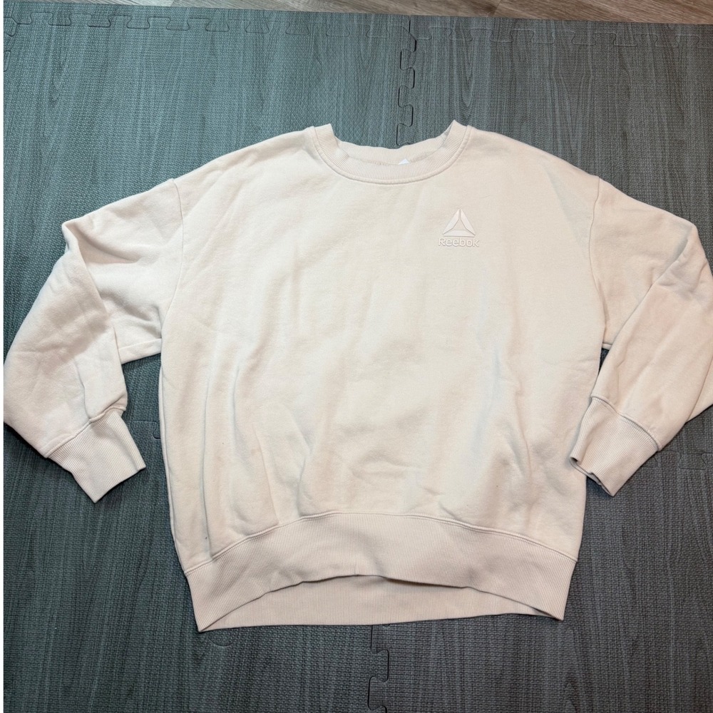 Reebok Womens Cream Oversized Crewneck Sweatshirt Logo Pullover Size M